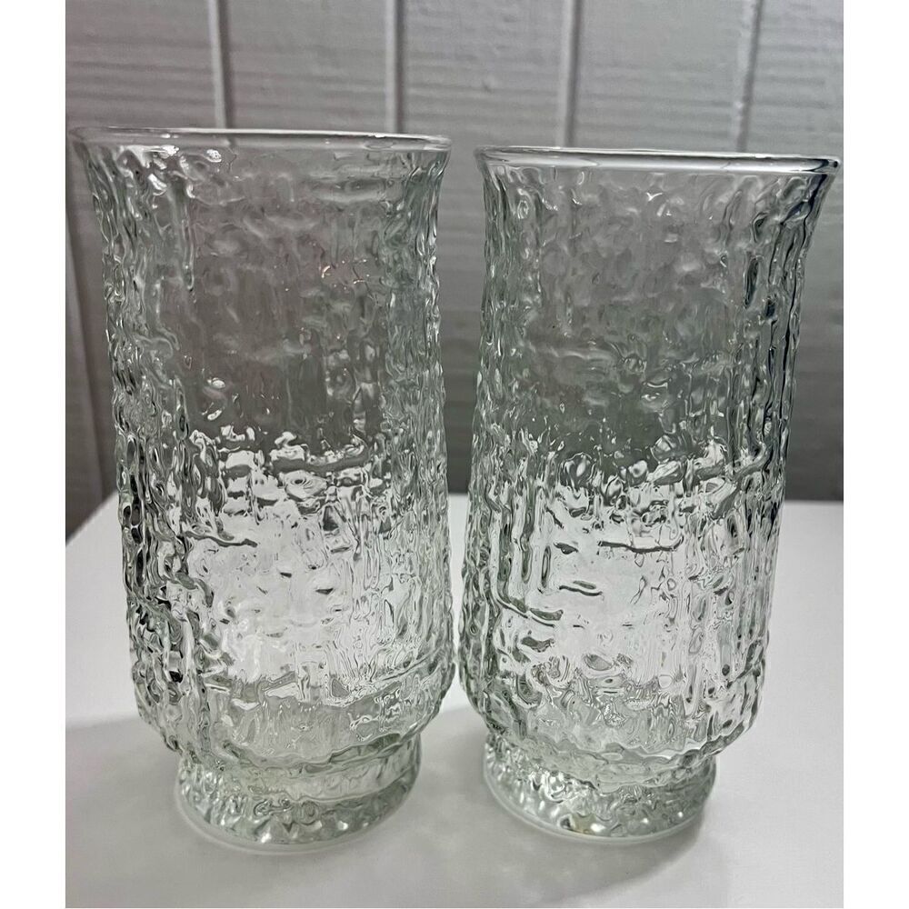 2 Libbey Artica Crystal 6" Glasses Set Vintage 1970s Clear Geometric Textured